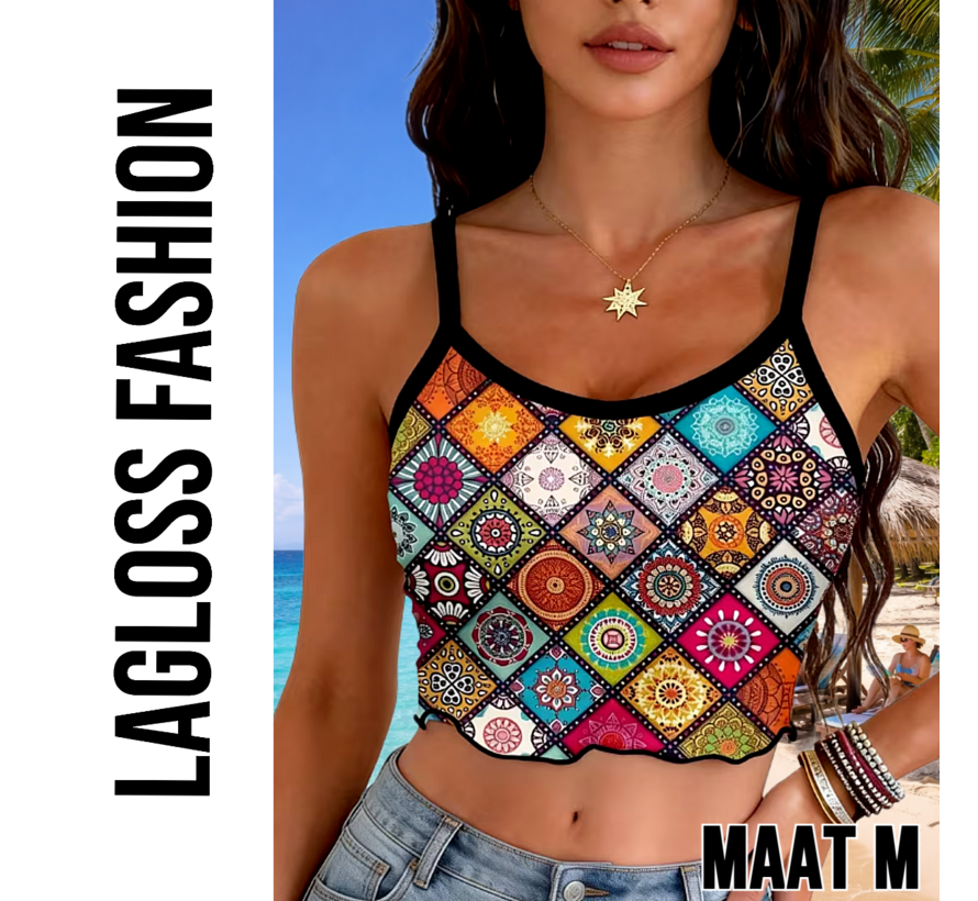 LaGloss® Dames Boho Zomer Crop Top Camisole Met Mandala Print en Spaghettibandjes – Casual – Bohemian – Lente/Zomer – Maat M