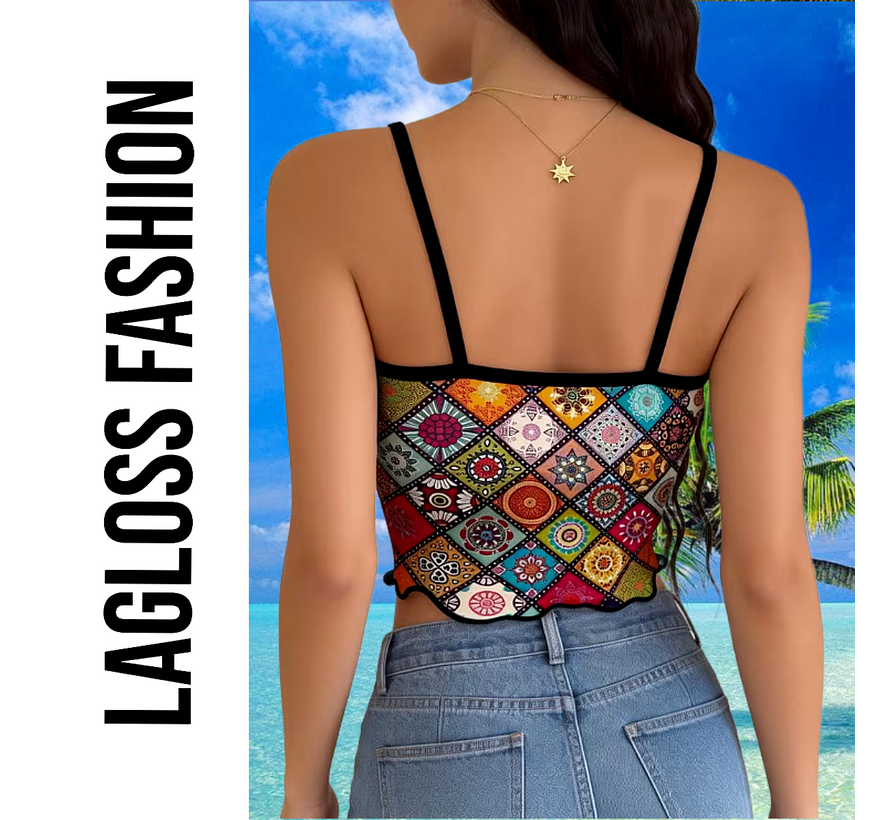 LaGloss® Dames Boho Zomer Crop Top Camisole Met Mandala Print en Spaghettibandjes – Casual – Bohemian – Lente/Zomer – Maat L