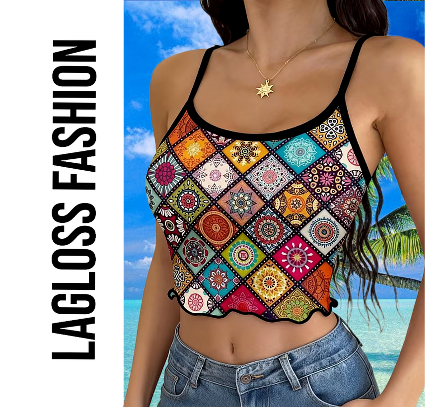 LaGloss® Dames Boho Zomer Crop Top Camisole Met Mandala Print en Spaghettibandjes – Casual – Bohemian – Lente/Zomer – Maat L
