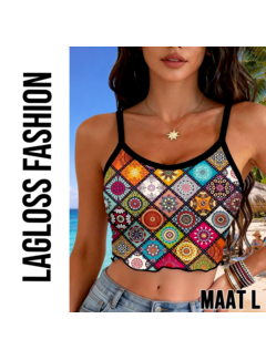 LaGloss Dames Boho Zomer Crop Top Met Mandala Print en Spaghettibandjes – Maat L