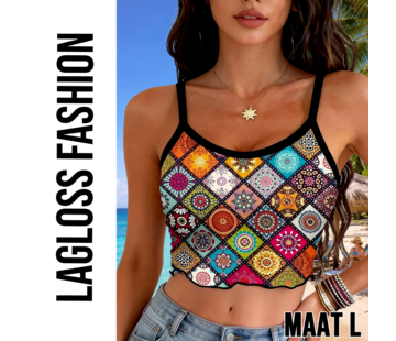 LaGloss Dames Boho Zomer Crop Top Met Mandala Print en Spaghettibandjes – Maat L