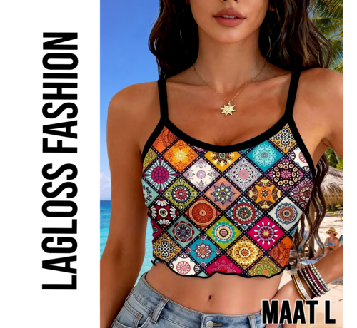LaGloss LaGloss® Dames Boho Zomer Crop Top Camisole Met Mandala Print en Spaghettibandjes – Casual – Bohemian – Lente/Zomer – Maat L