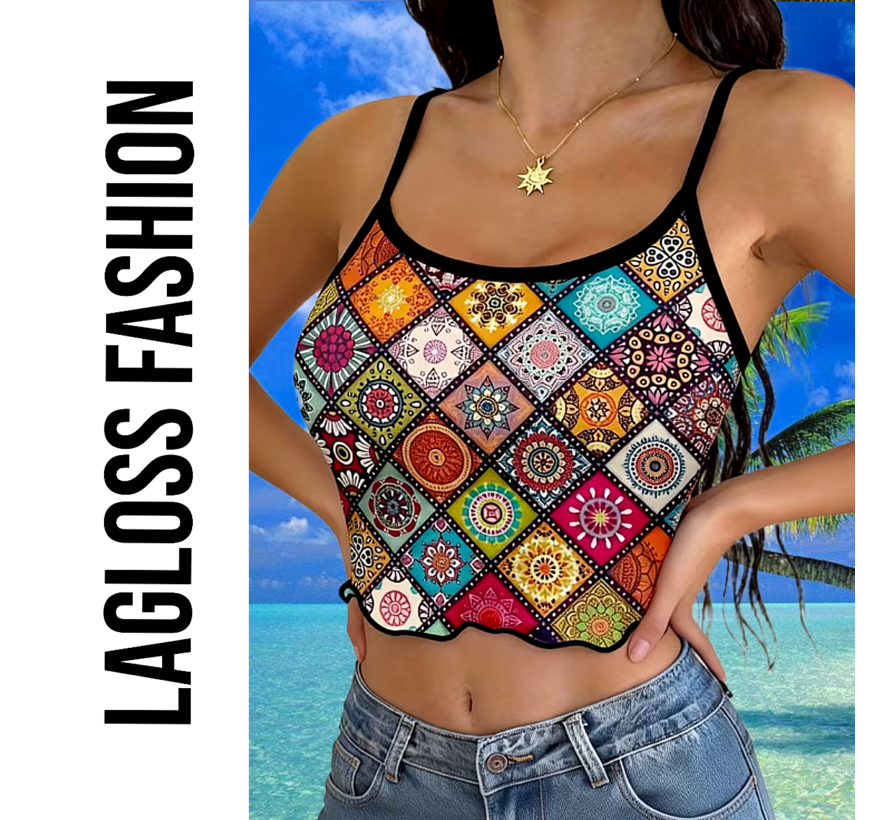 LaGloss® Dames Boho Zomer Crop Top Camisole Met Mandala Print en Spaghettibandjes – Casual – Bohemian – Lente/Zomer – Maat XL
