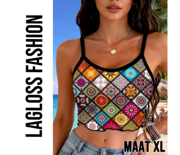 LaGloss Dames Boho Zomer Crop Top Met Mandala Print en Spaghettibandjes – Maat XL