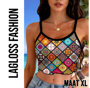 LaGloss Dames Boho Zomer Crop Top Met Mandala Print en Spaghettibandjes – Maat XL