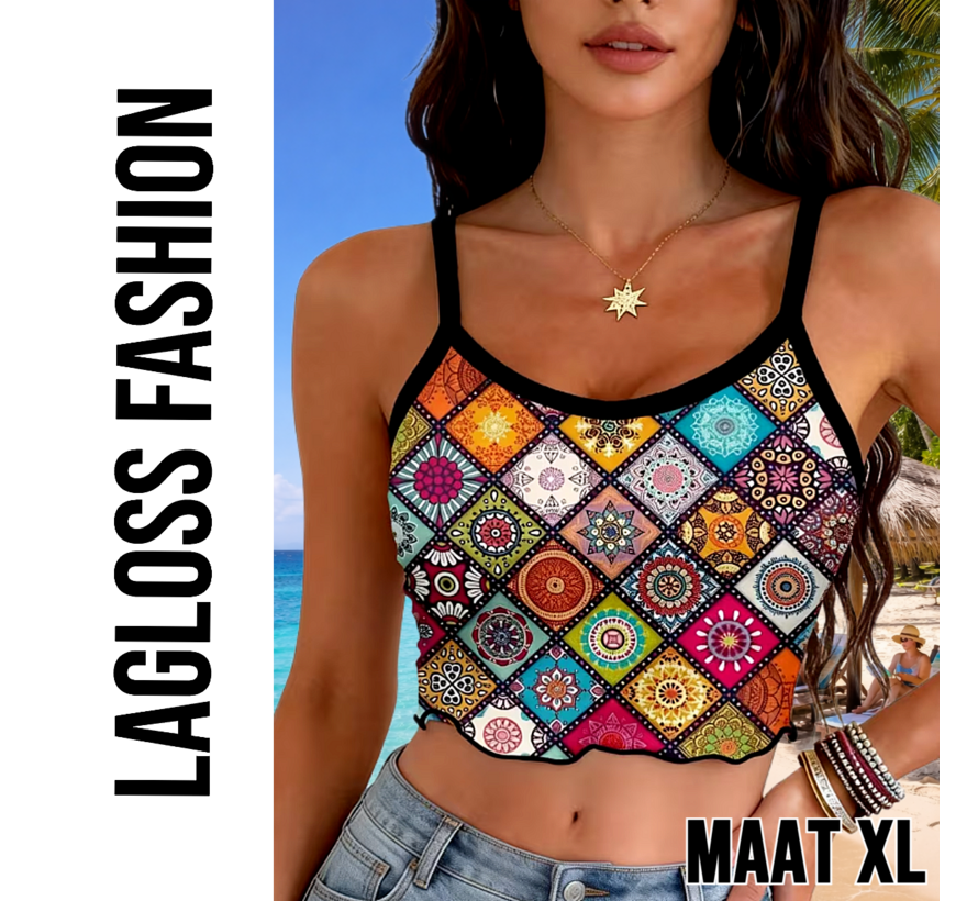 LaGloss® Dames Boho Zomer Crop Top Camisole Met Mandala Print en Spaghettibandjes – Casual – Bohemian – Lente/Zomer – Maat XL