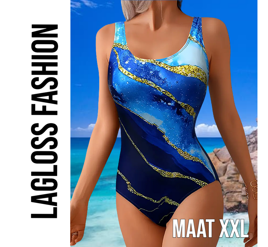 LaGloss® Blauw Gouden Badpak – Elegant Damesbadpak met Abstracte Print & Buikcontrole – Maat XXL