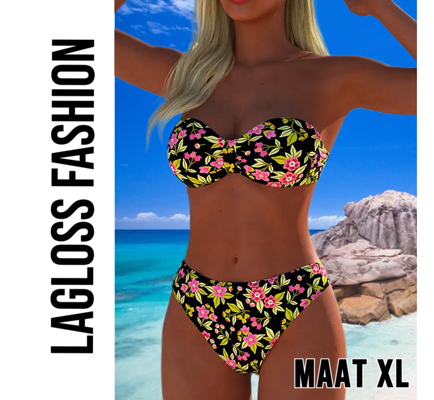 LaGloss® Trendy Strapless Bikini Set – 2-delige Bloemenprint Badmode voor Dames – Strapless Top & Bikini Slip – Maat XL