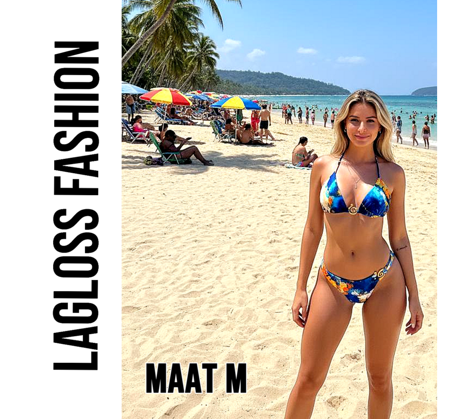 LaGloss® 2-delig Dames Bikini Set met Oceaanblauw Aquarelprint – Haltertop – Diepe V-hals – Goud Detail – Strandmode – Beach Fashion – Maat M