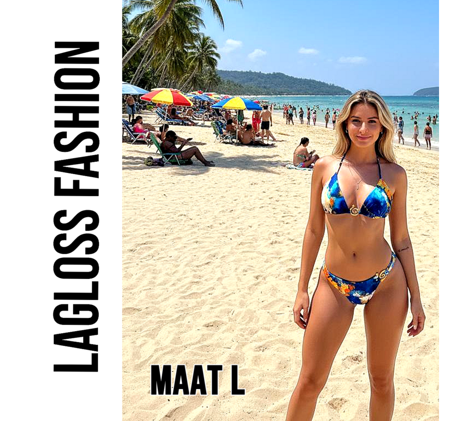LaGloss® 2-delig Dames Bikini Set met Oceaanblauw Aquarelprint – Haltertop – Diepe V-hals – Goud Detail – Strandmode – Beach Fashion – Maat L