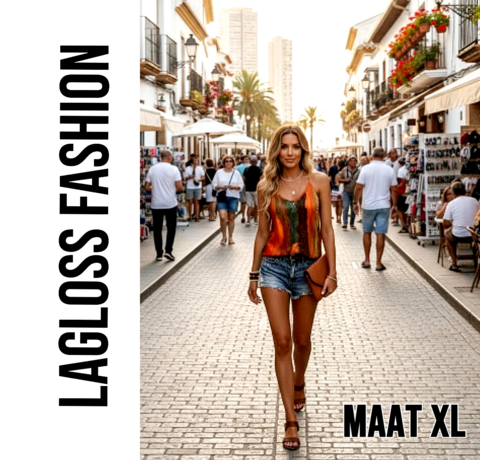 LaGloss LaGloss® Dames Kleurrijk Casual Tanktop met V-hals Oranje Groen – Zomer/Lente – Abstract – Shirt – Maat XL