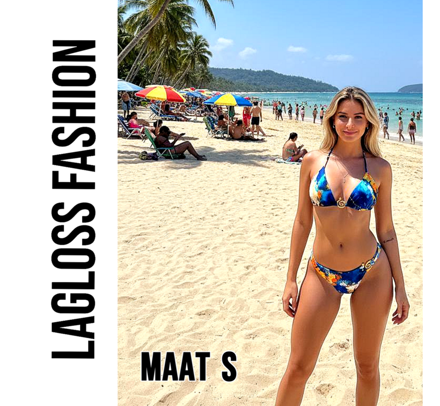 LaGloss® 2-delig Dames Bikini Set met Oceaanblauw Aquarelprint – Haltertop – Diepe V-hals – Goud Detail – Strandmode – Beach Fashion – Maat S