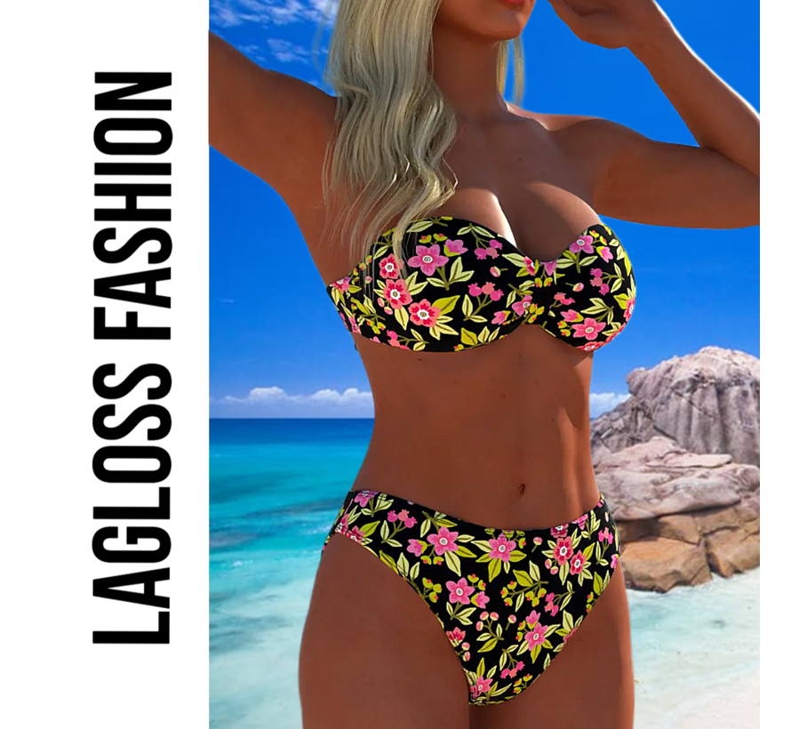 LaGloss® Trendy Strapless Bikini Set – 2-delige Bloemenprint Badmode voor Dames – Strapless Top & Bikini Slip – Maat L