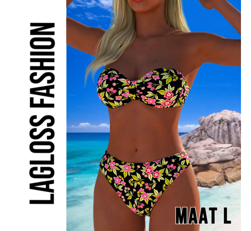 LaGloss LaGloss® Trendy Strapless Bikini Set – 2-delige Bloemenprint Badmode voor Dames – Strapless Top & Bikini Slip – Maat L