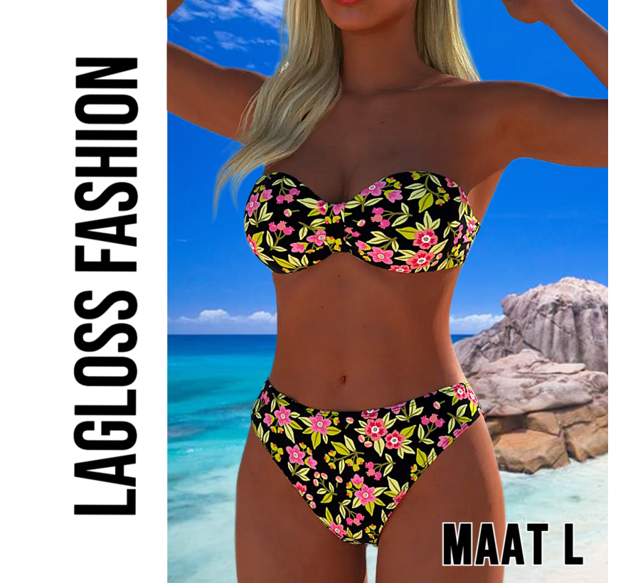 LaGloss® Trendy Strapless Bikini Set – 2-delige Bloemenprint Badmode voor Dames – Strapless Top & Bikini Slip – Maat L
