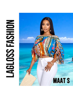 LaGloss Dames Kleurrijke Print Off-Shoulder Blouse met Verstelbare Mouwen – Maat S