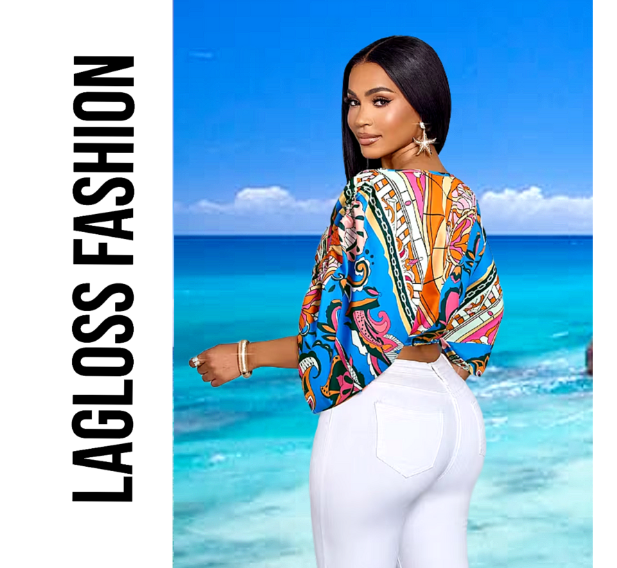 LaGloss® Dames Kleurrijke Print Off-Shoulder Blouse met Verstelbare Mouwen – Casual – Bohemian – Elegant – Zomer/Lente – All-over print – Maat S