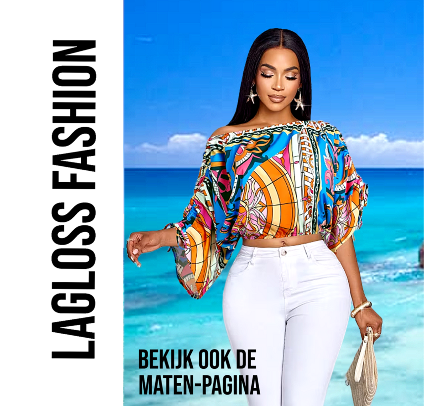 LaGloss® Dames Kleurrijke Print Off-Shoulder Blouse met Verstelbare Mouwen – Casual – Bohemian – Elegant – Zomer/Lente – All-over print – Maat S