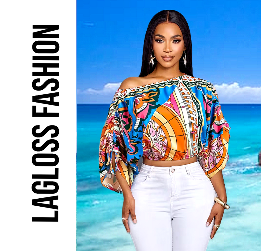LaGloss® Dames Kleurrijke Print Off-Shoulder Blouse met Verstelbare Mouwen – Casual – Bohemian – Elegant – Zomer/Lente – All-over print – Maat M