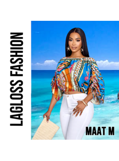 LaGloss Dames Kleurrijke Print Off-Shoulder Blouse met Verstelbare Mouwen – Maat M