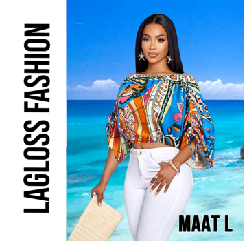 LaGloss Dames Kleurrijke Print Off-Shoulder Blouse met Verstelbare Mouwen – Maat L