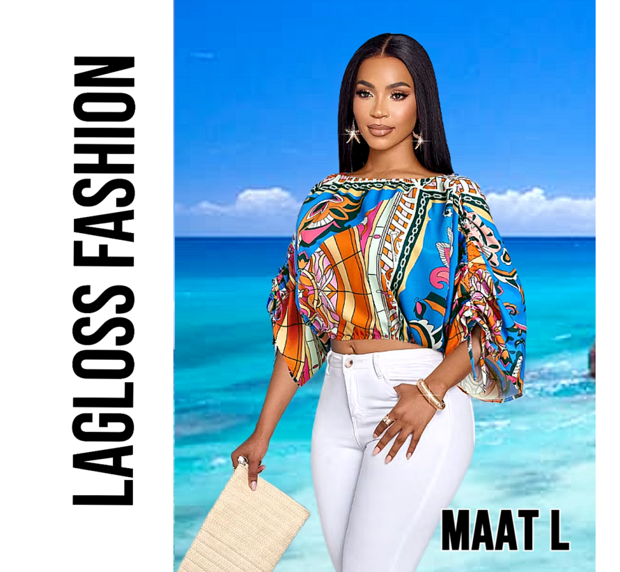 LaGloss® Dames Kleurrijke Print Off-Shoulder Blouse met Verstelbare Mouwen – Casual – Bohemian – Elegant – Zomer/Lente – All-over print – Maat L
