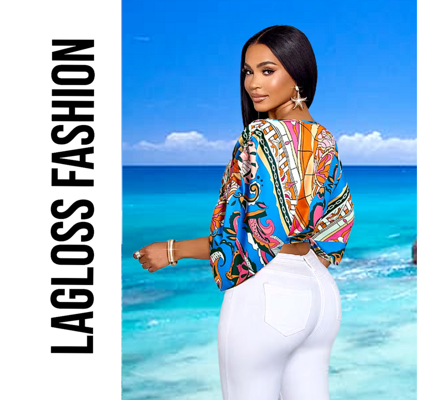 LaGloss® Dames Kleurrijke Print Off-Shoulder Blouse met Verstelbare Mouwen – Casual – Bohemian – Elegant – Zomer/Lente – All-over print – Maat XL