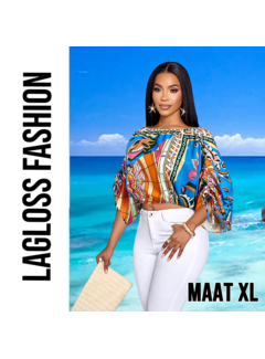 LaGloss Dames Kleurrijke Print Off-Shoulder Blouse met Verstelbare Mouwen – Maat XL