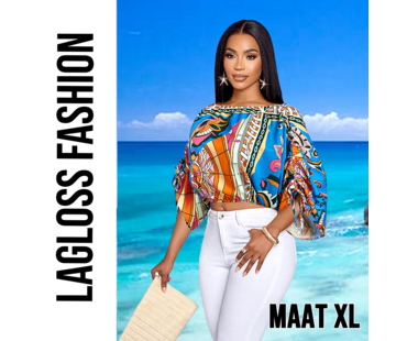LaGloss Dames Kleurrijke Print Off-Shoulder Blouse met Verstelbare Mouwen – Maat XL