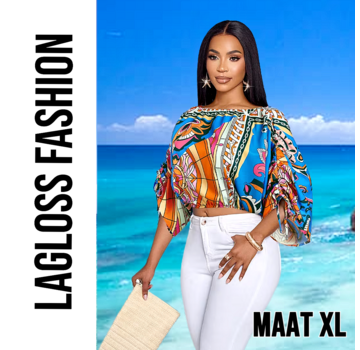 LaGloss Dames Kleurrijke Print Off-Shoulder Blouse met Verstelbare Mouwen – Maat XL