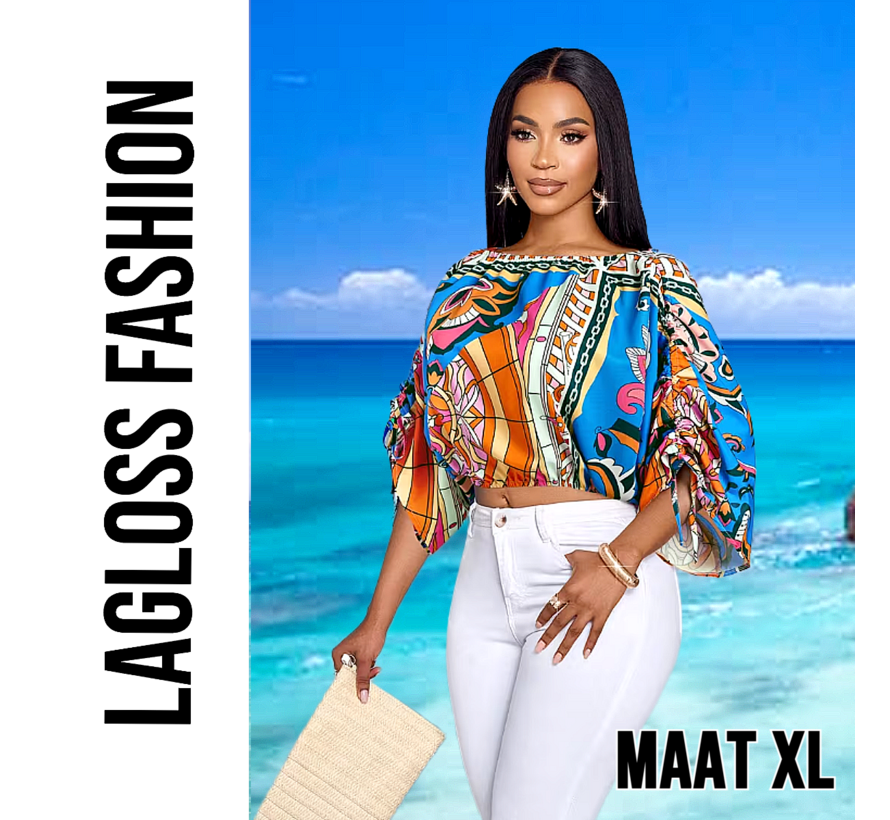 LaGloss® Dames Kleurrijke Print Off-Shoulder Blouse met Verstelbare Mouwen – Casual – Bohemian – Elegant – Zomer/Lente – All-over print – Maat XL
