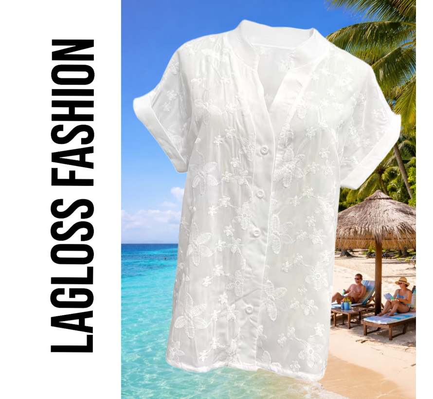 LaGloss® Elegante Geborduurde Witte Dames Blouse met V-Hals en Korte Mouwen – Zomer/Lente – Comfortabel – Bloemenpatroon – Maat S