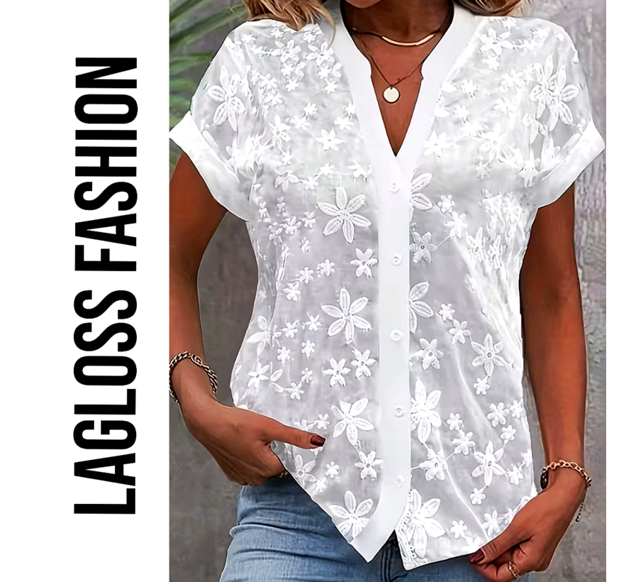 LaGloss® Elegante Geborduurde Witte Dames Blouse met V-Hals en Korte Mouwen – Zomer/Lente – Comfortabel – Bloemenpatroon – Maat S