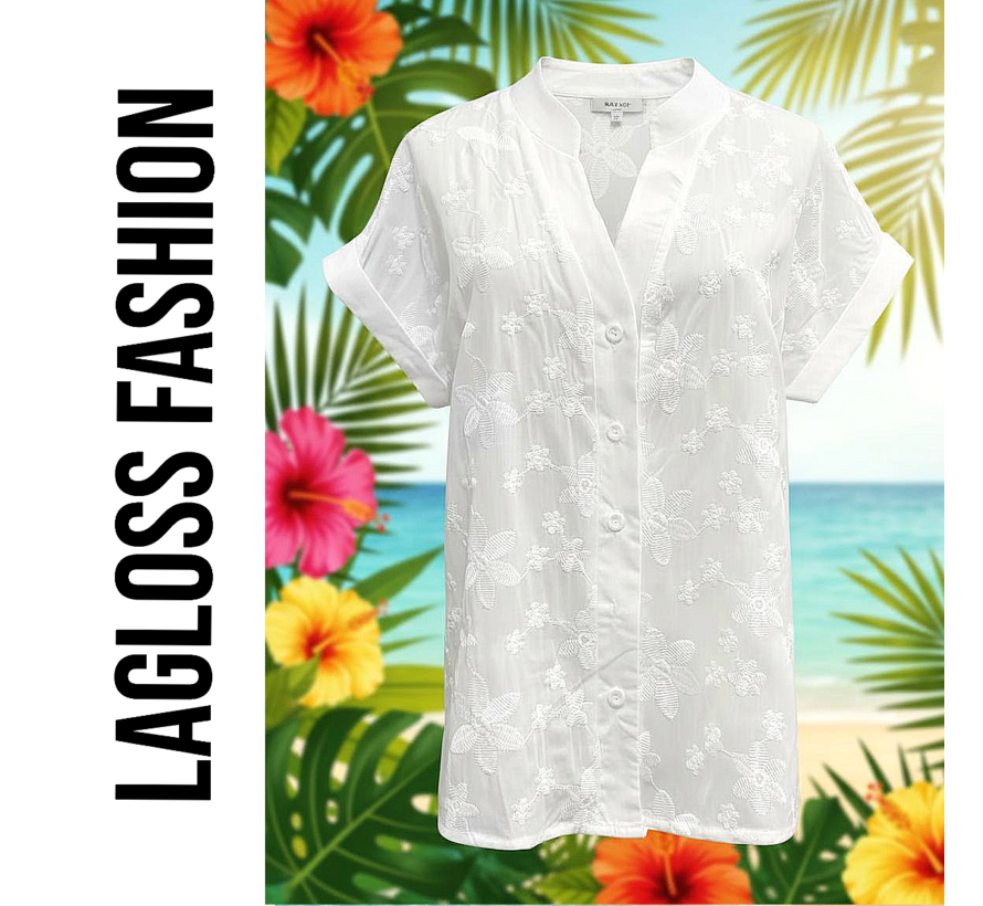 LaGloss® Elegante Geborduurde Witte Dames Blouse met V-Hals en Korte Mouwen – Zomer/Lente – Comfortabel – Bloemenpatroon – Maat M