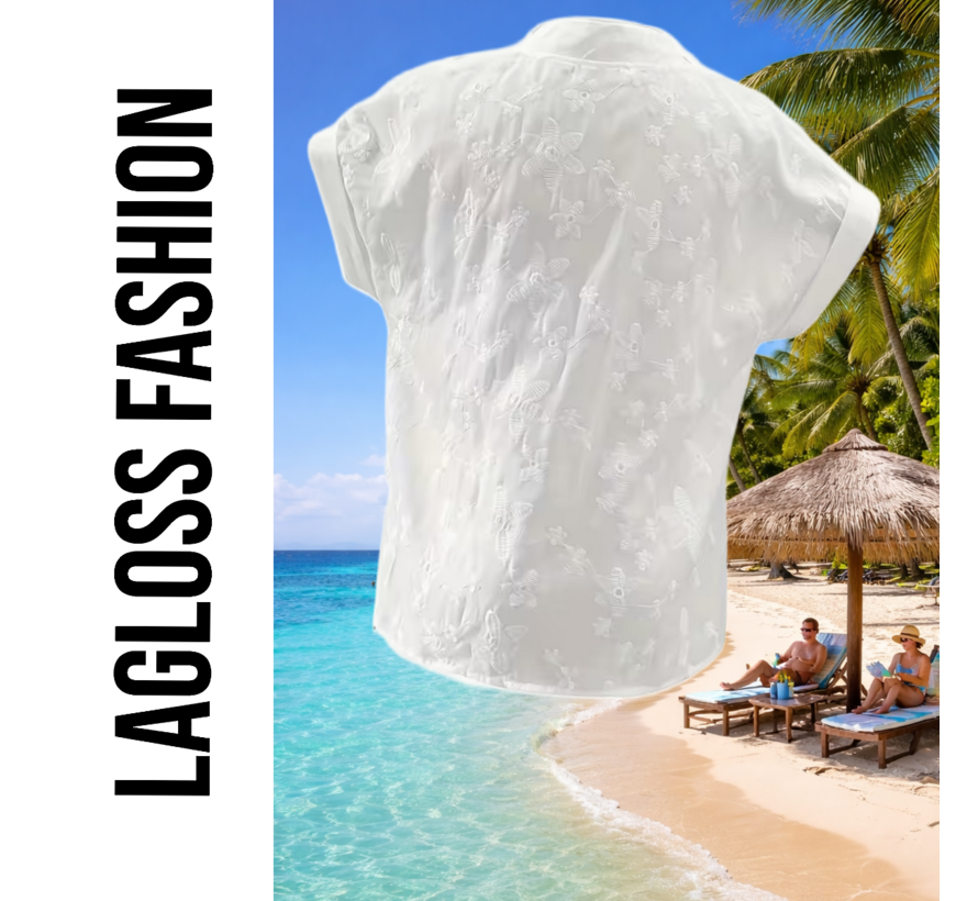 LaGloss® Elegante Geborduurde Witte Dames Blouse met V-Hals en Korte Mouwen – Zomer/Lente – Comfortabel – Bloemenpatroon – Maat M