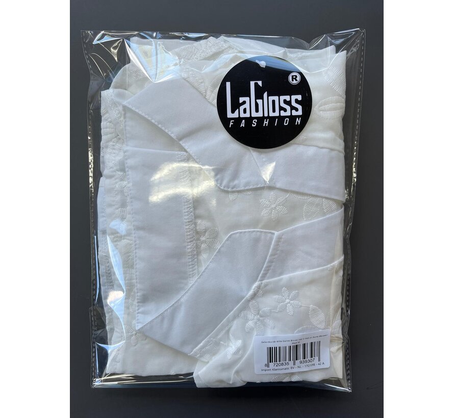 LaGloss® Elegante Geborduurde Witte Dames Blouse met V-Hals en Korte Mouwen – Zomer/Lente – Comfortabel – Bloemenpatroon – Maat M