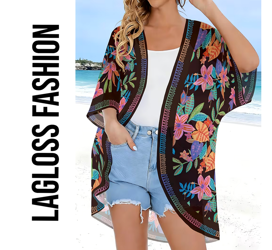LaGloss® Luxe Bohemian Strand Kimono - Luchtige Dames Cover-Up Zwart met Tropische Bloemenprint – Strandovergooier – Zomer/Lente – Maat M
