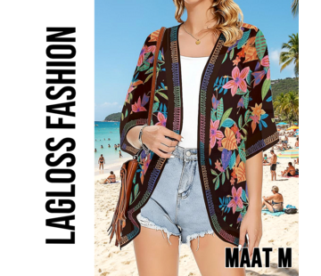 LaGloss Luxe Bohemian Strand Kimono Zwart met Tropische Bloemenprint – Maat M