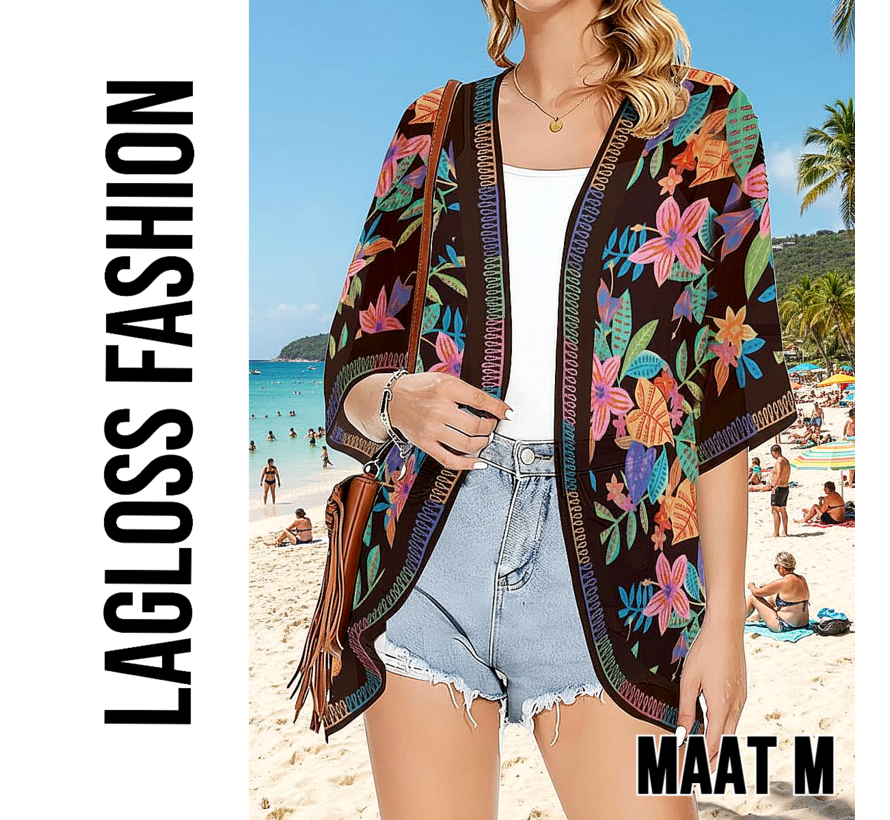 LaGloss® Luxe Bohemian Strand Kimono - Luchtige Dames Cover-Up Zwart met Tropische Bloemenprint – Strandovergooier – Zomer/Lente – Maat M