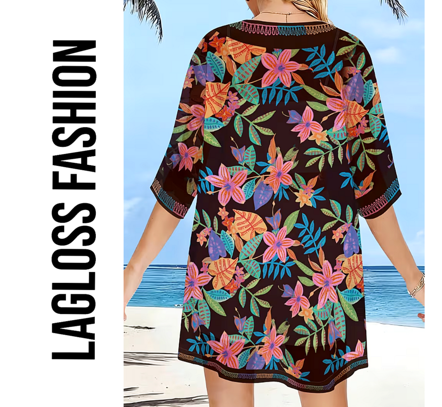 LaGloss® Luxe Bohemian Strand Kimono - Luchtige Dames Cover-Up Zwart met Tropische Bloemenprint – Strandovergooier – Zomer/Lente – Maat L