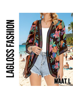 LaGloss Luxe Bohemian Strand Kimono Zwart met Tropische Bloemenprint – Maat L