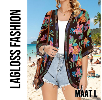 LaGloss Luxe Bohemian Strand Kimono Zwart met Tropische Bloemenprint – Maat L