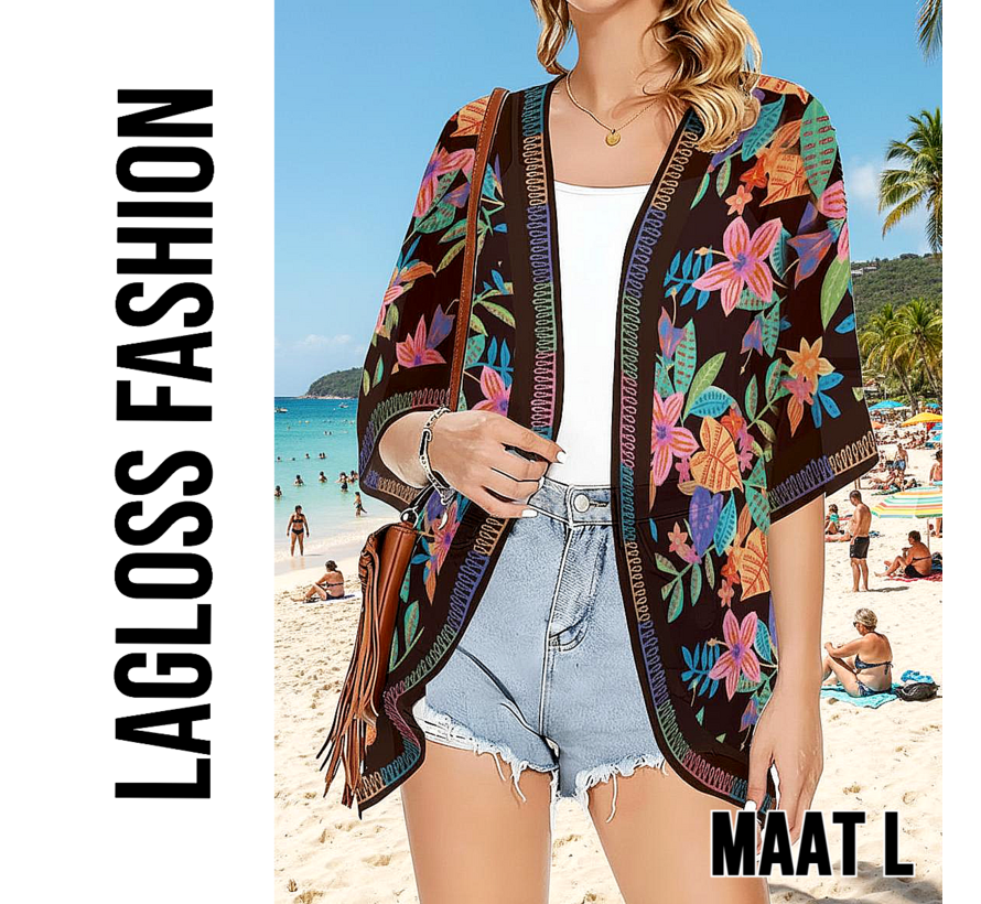 LaGloss® Luxe Bohemian Strand Kimono - Luchtige Dames Cover-Up Zwart met Tropische Bloemenprint – Strandovergooier – Zomer/Lente – Maat L