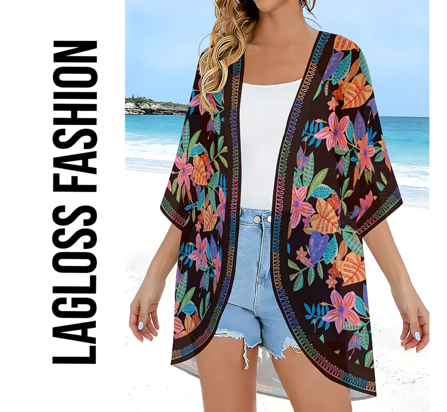 LaGloss® Luxe Bohemian Strand Kimono - Luchtige Dames Cover-Up Zwart met Tropische Bloemenprint – Strandovergooier – Zomer/Lente – Maat XL