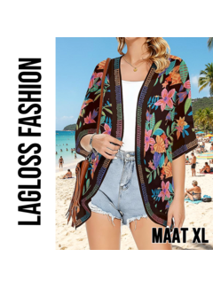 LaGloss Luxe Bohemian Strand Kimono Zwart met Tropische Bloemenprint – Maat XL