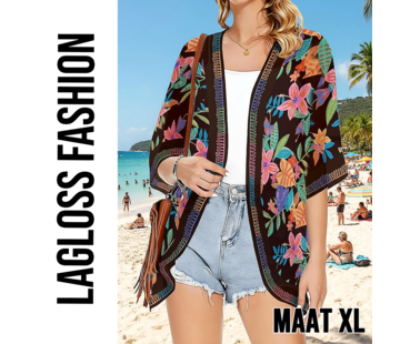 LaGloss Luxe Bohemian Strand Kimono Zwart met Tropische Bloemenprint – Maat XL