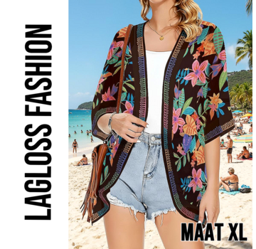 LaGloss Luxe Bohemian Strand Kimono Zwart met Tropische Bloemenprint – Maat XL