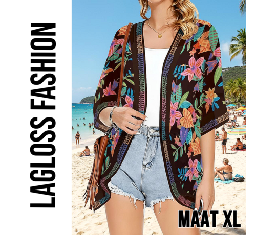LaGloss LaGloss® Luxe Bohemian Strand Kimono - Luchtige Dames Cover-Up Zwart met Tropische Bloemenprint – Strandovergooier – Zomer/Lente – Maat XL
