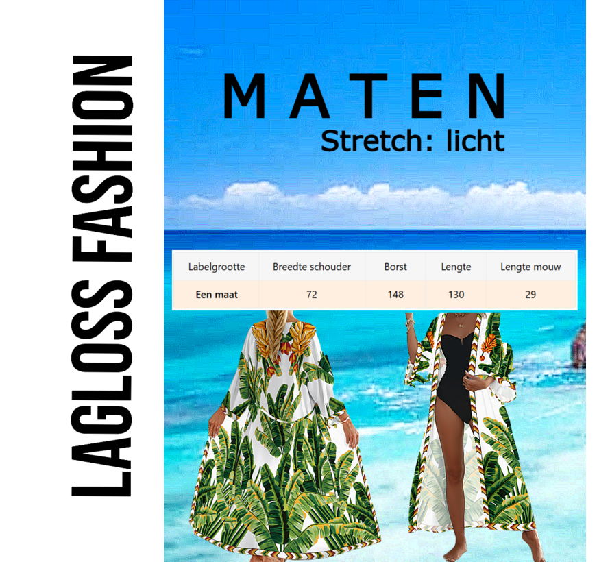 LaGloss® Luxe Bohemian Lange Strand Kimono Dames met Tropische Bladprint – Cover Up – Wit – Zomermode – Beach Fashion – Zomer/Lente – Één Maat – One Size