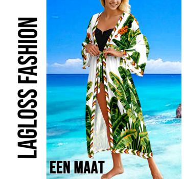 LaGloss Luxe Bohemian Lange Strand Kimono Dames met Tropische Bladprint – One Size